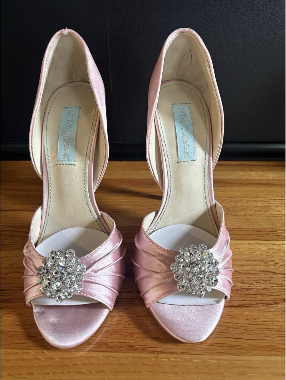Betsey Johnson Pink Satin Peep Toe Rhinestone Slip-On Stiletto Pumps US 7